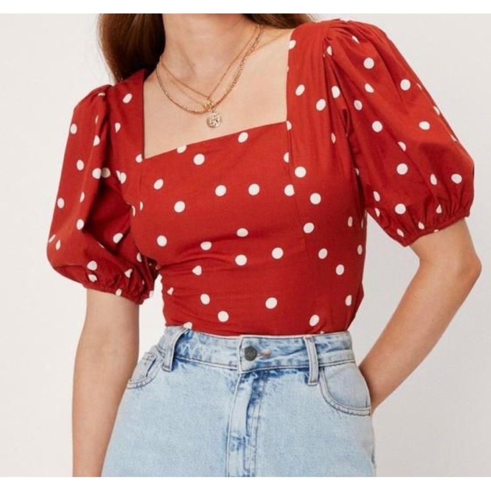 Nasty Gal Rust Red Polka Dot Puff Sleeve Square Neck Crop Top Size S NEW
